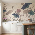 papier peint panoramique floral herons lotus nenuphars etang aquatique fond beig-1