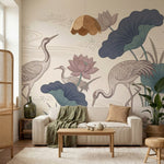 papier peint panoramique floral herons lotus nenuphars etang aquatique fond beig-6
