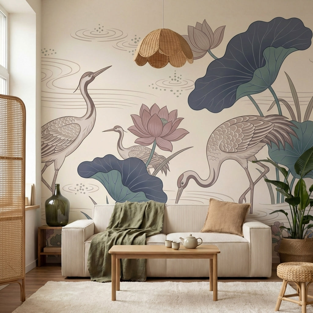 papier peint panoramique floral herons lotus nenuphars etang aquatique fond beig-6