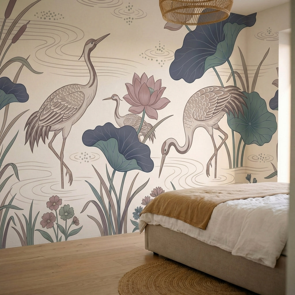 papier peint panoramique floral herons lotus nenuphars etang aquatique fond beig-HERO-15