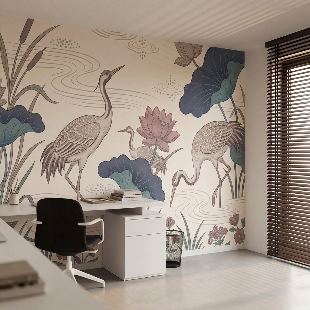 papier peint panoramique floral herons lotus nenuphars etang aquatique fond beig-VARIANTE-16
