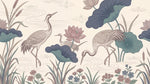 Papier peint panoramique floral - Hérons lotus nénuphars étang aquatique fond beige crème et bleu gris sur mesure - Design