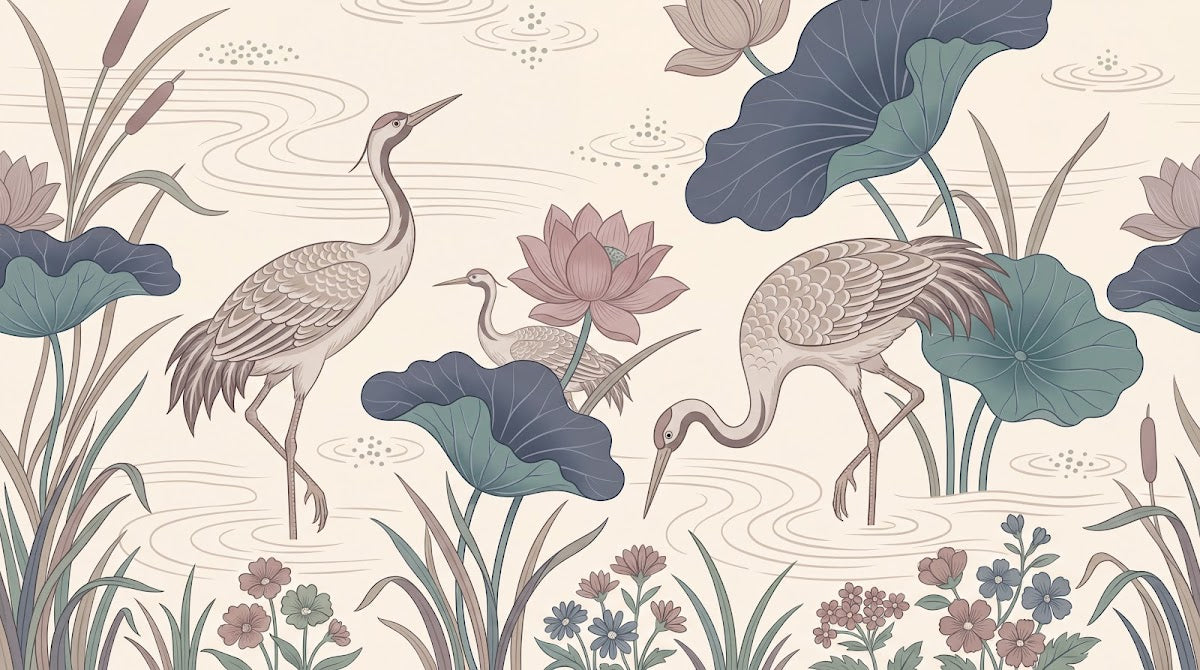 Papier peint panoramique floral - Hérons lotus nénuphars étang aquatique fond beige crème et bleu gris sur mesure - Design