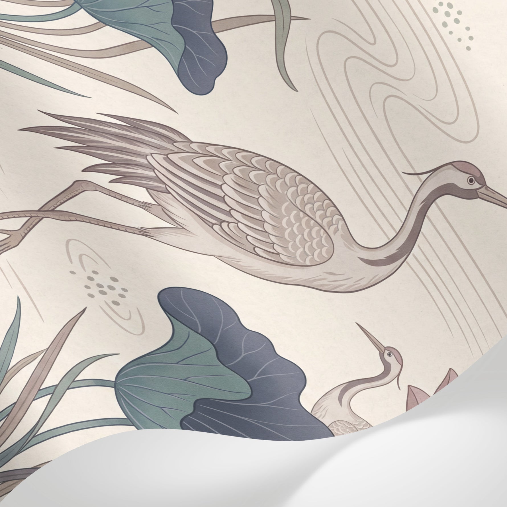 Papier peint panoramique floral - Hérons lotus nénuphars étang aquatique fond beige crème et bleu gris sur mesure - Matière