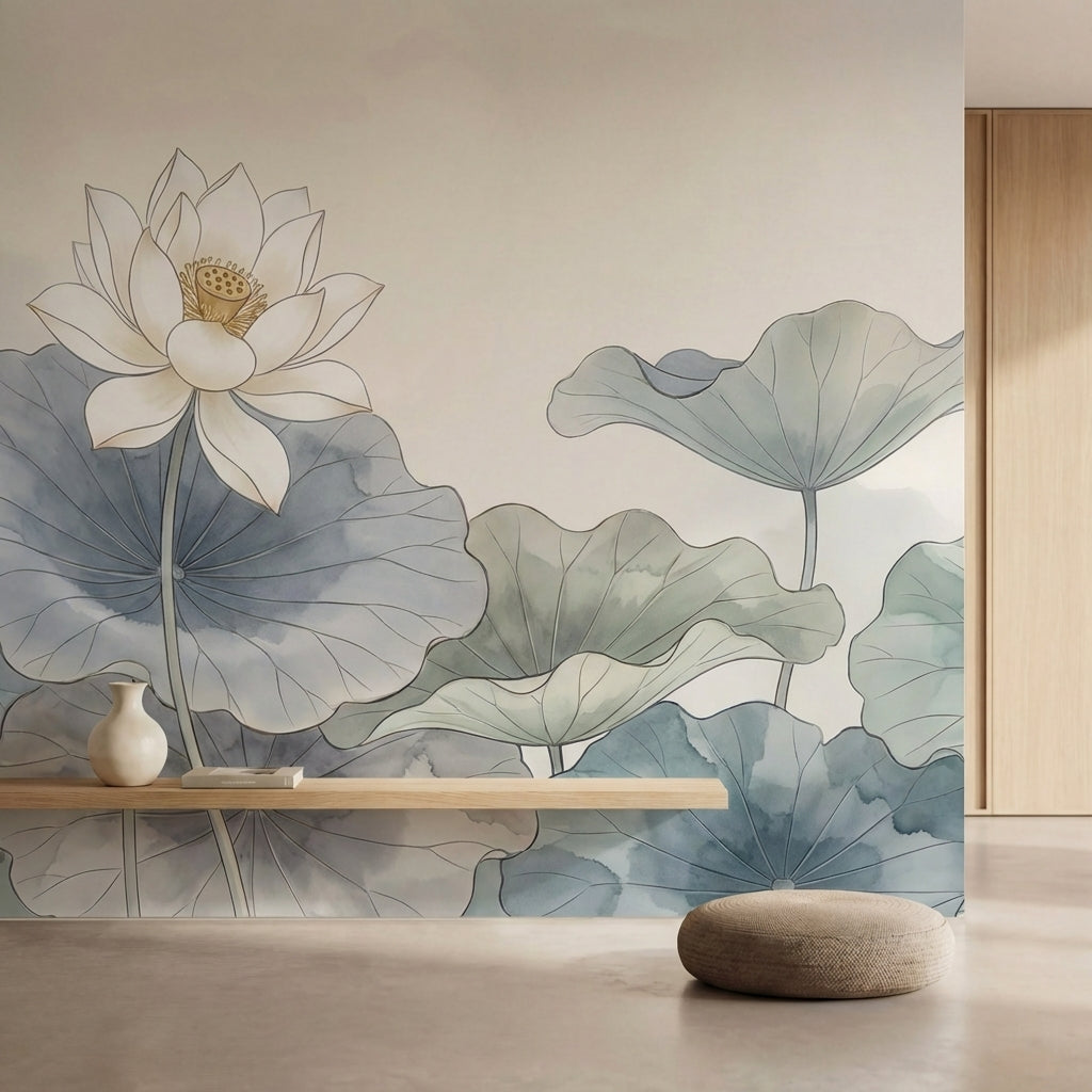 papier peint panoramique floral lotus nenuphars feuillages aquatiques fond beige-1