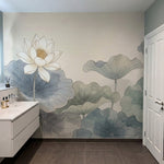 papier peint panoramique floral lotus nenuphars feuillages aquatiques fond beige-10