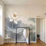 papier peint panoramique floral lotus nenuphars feuillages aquatiques fond beige-HERO-9