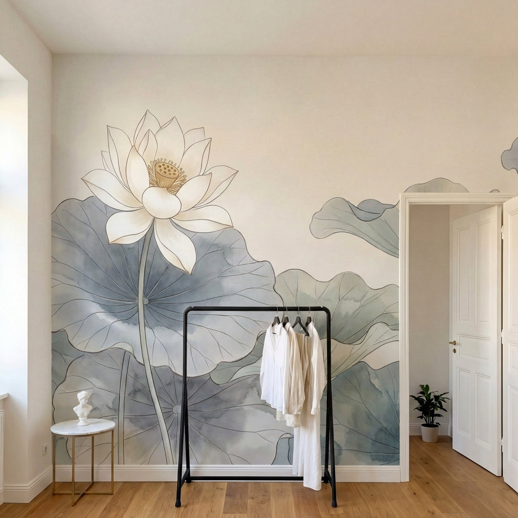 papier peint panoramique floral lotus nenuphars feuillages aquatiques fond beige-HERO-9
