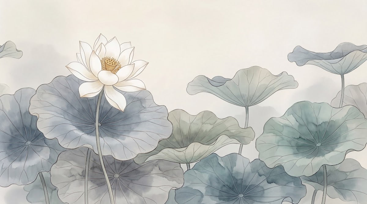 Papier peint panoramique floral - Lotus nénuphars feuillages aquatiques fond beige rosé et vert gris sur mesure - Design