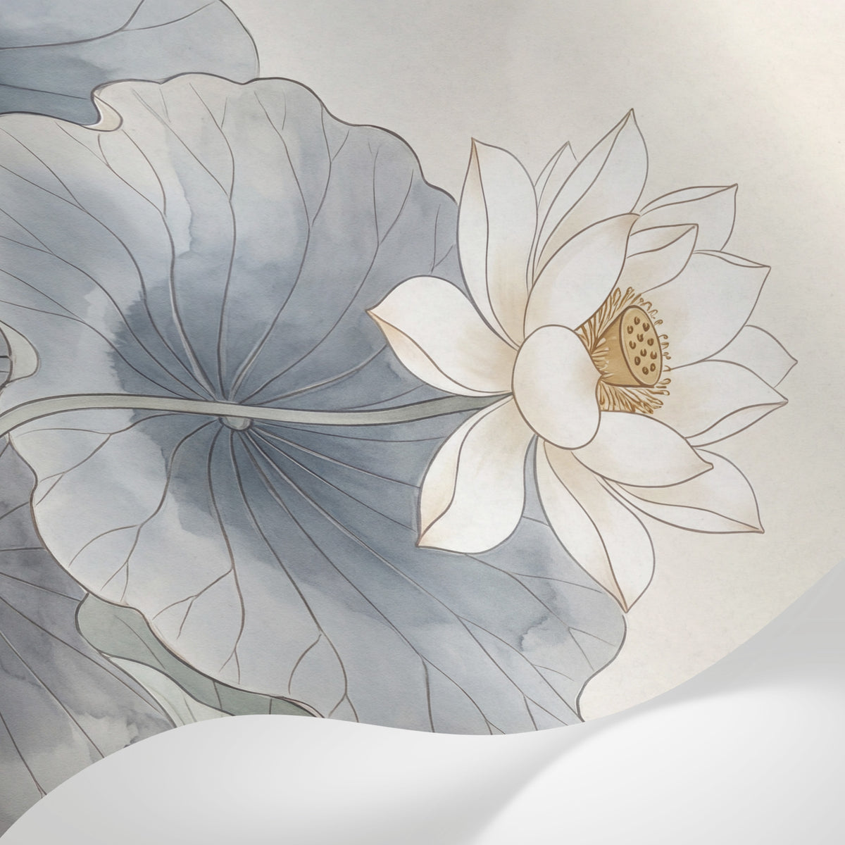 Papier peint panoramique floral - Lotus nénuphars feuillages aquatiques fond beige rosé et vert gris sur mesure - Matière