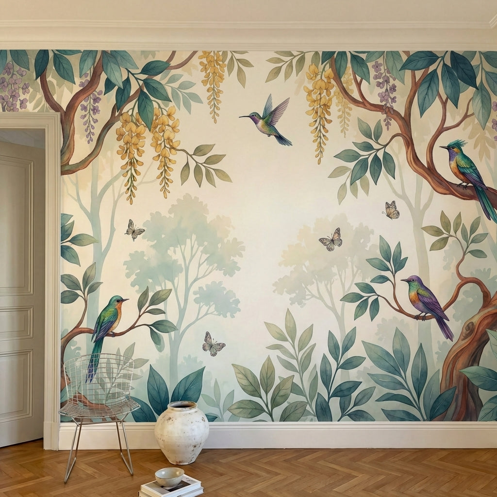 papier peint panoramique floral oiseaux colibris branches fleuries grappes doree-2