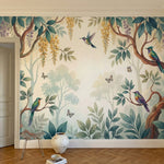 papier peint panoramique floral oiseaux colibris branches fleuries grappes doree-2