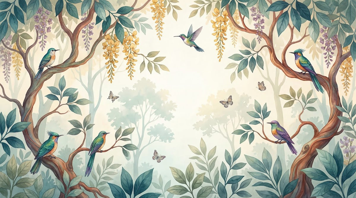 Papier peint panoramique floral - Oiseaux colibris branches fleuries grappes dorées violettes fond beige crème sur mesure - Design