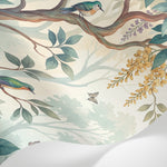 Papier peint panoramique floral - Oiseaux colibris branches fleuries grappes dorées violettes fond beige crème sur mesure - Matière