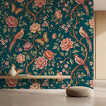 papier peint panoramique floral oiseaux pivoines roses papillons branches fleuri-1