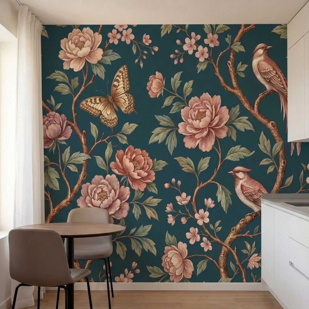 papier peint panoramique floral oiseaux pivoines roses papillons branches fleuri-2