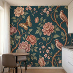 papier peint panoramique floral oiseaux pivoines roses papillons branches fleuri-2