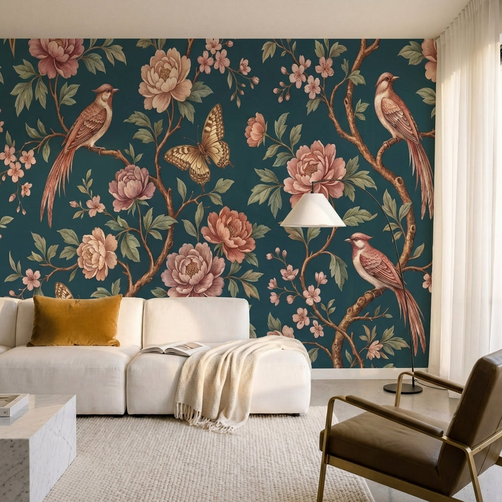 papier peint panoramique floral oiseaux pivoines roses papillons branches fleuri-6