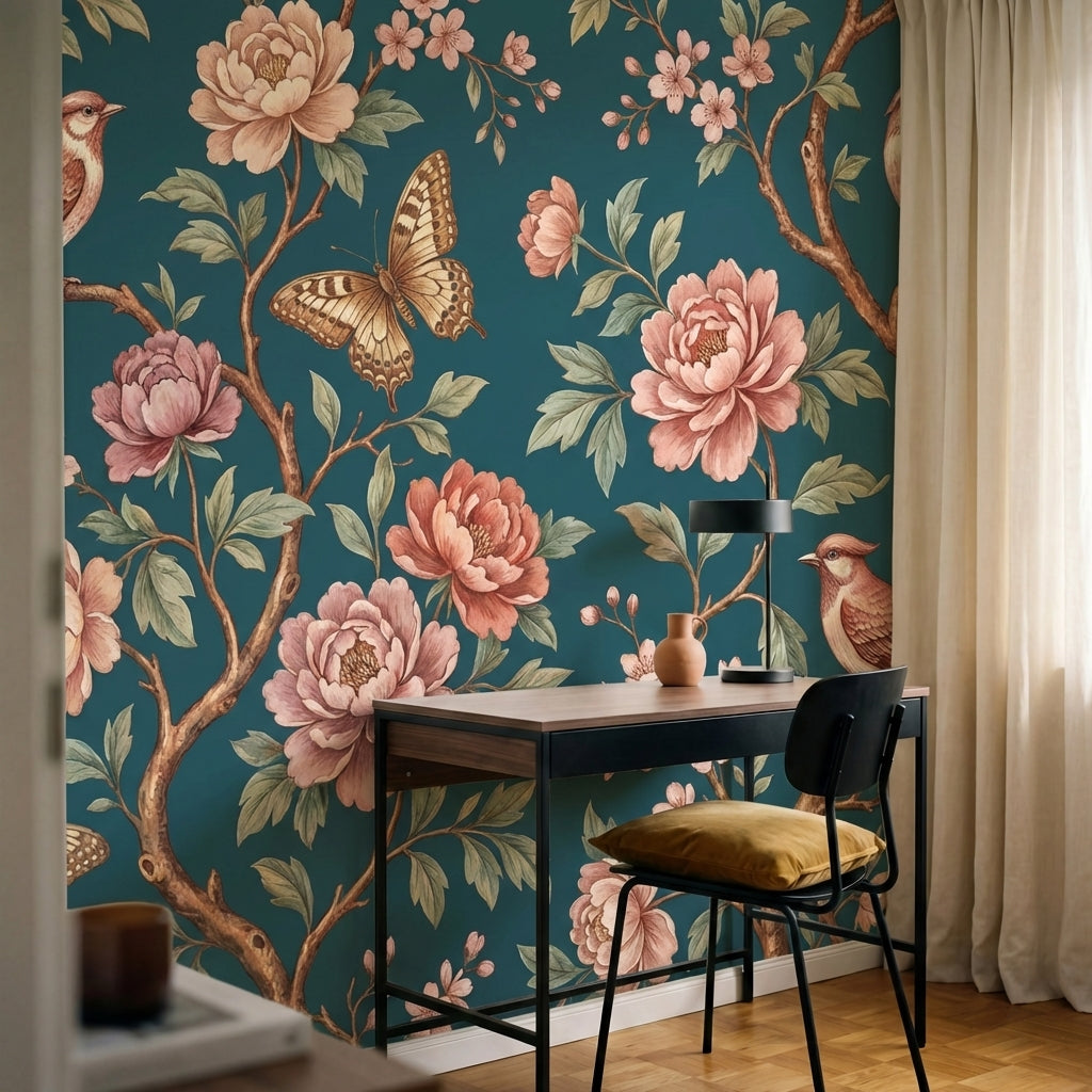 papier peint panoramique floral oiseaux pivoines roses papillons branches fleuri-VARIANTE-9
