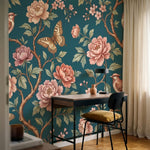 papier peint panoramique floral oiseaux pivoines roses papillons branches fleuri-VARIANTE-9