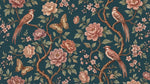 Papier peint panoramique floral - Oiseaux pivoines roses papillons branches fleuries fond bleu canard et rose sur mesure - Design