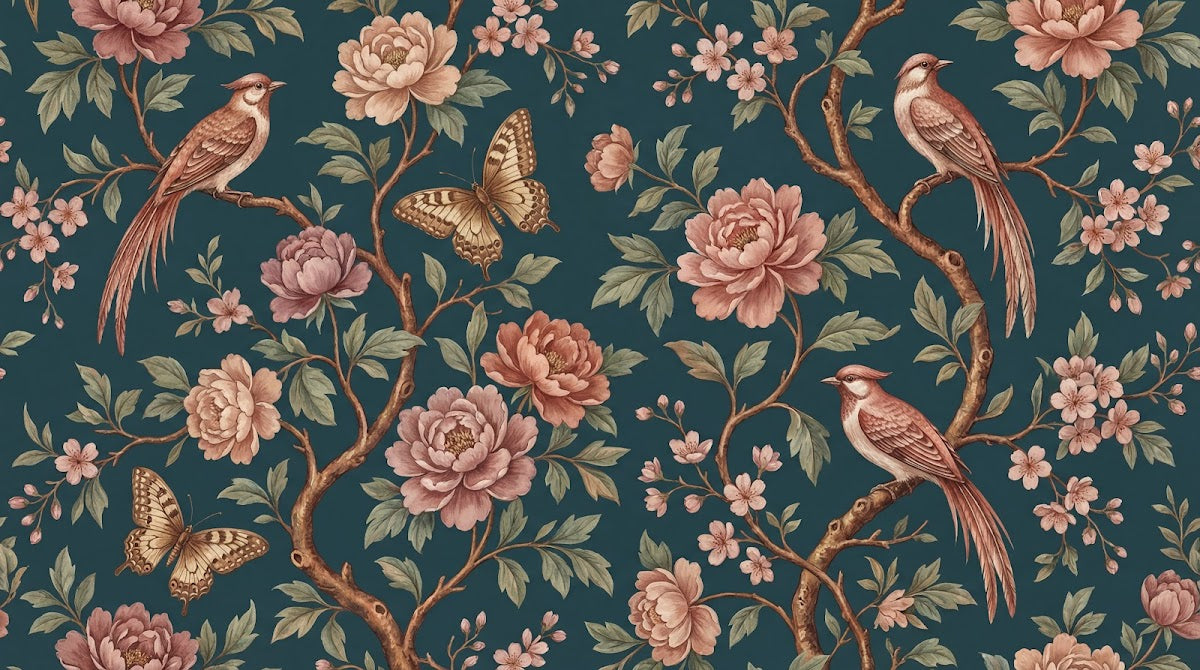 Papier peint panoramique floral - Oiseaux pivoines roses papillons branches fleuries fond bleu canard et rose sur mesure - Design