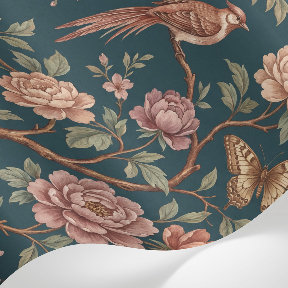 Papier peint panoramique floral - Oiseaux pivoines roses papillons branches fleuries fond bleu canard et rose sur mesure - Matière