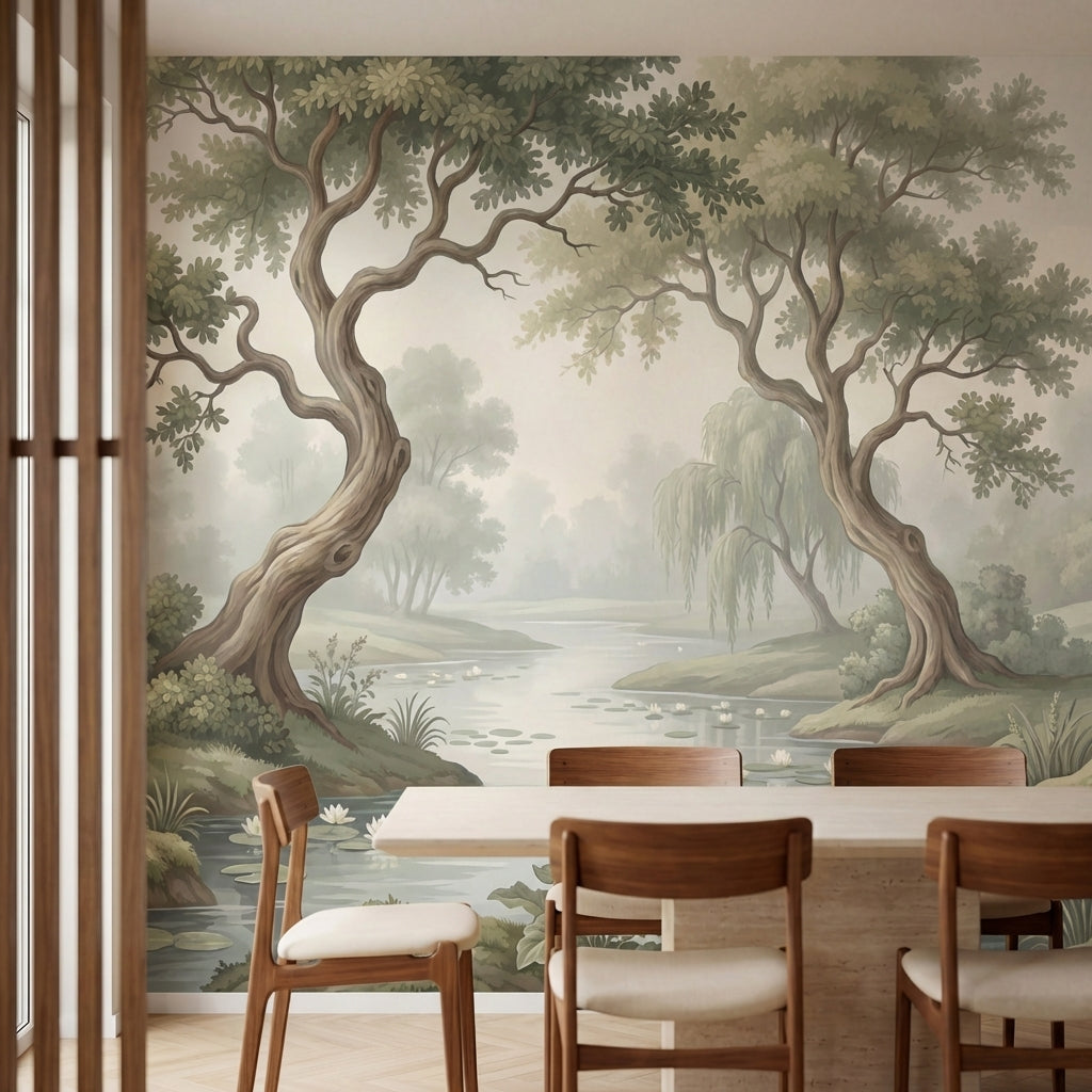 papier peint panoramique floral paysage romantique riviere saules pleureurs vert-1