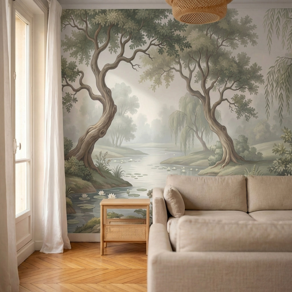 papier peint panoramique floral paysage romantique riviere saules pleureurs vert-6
