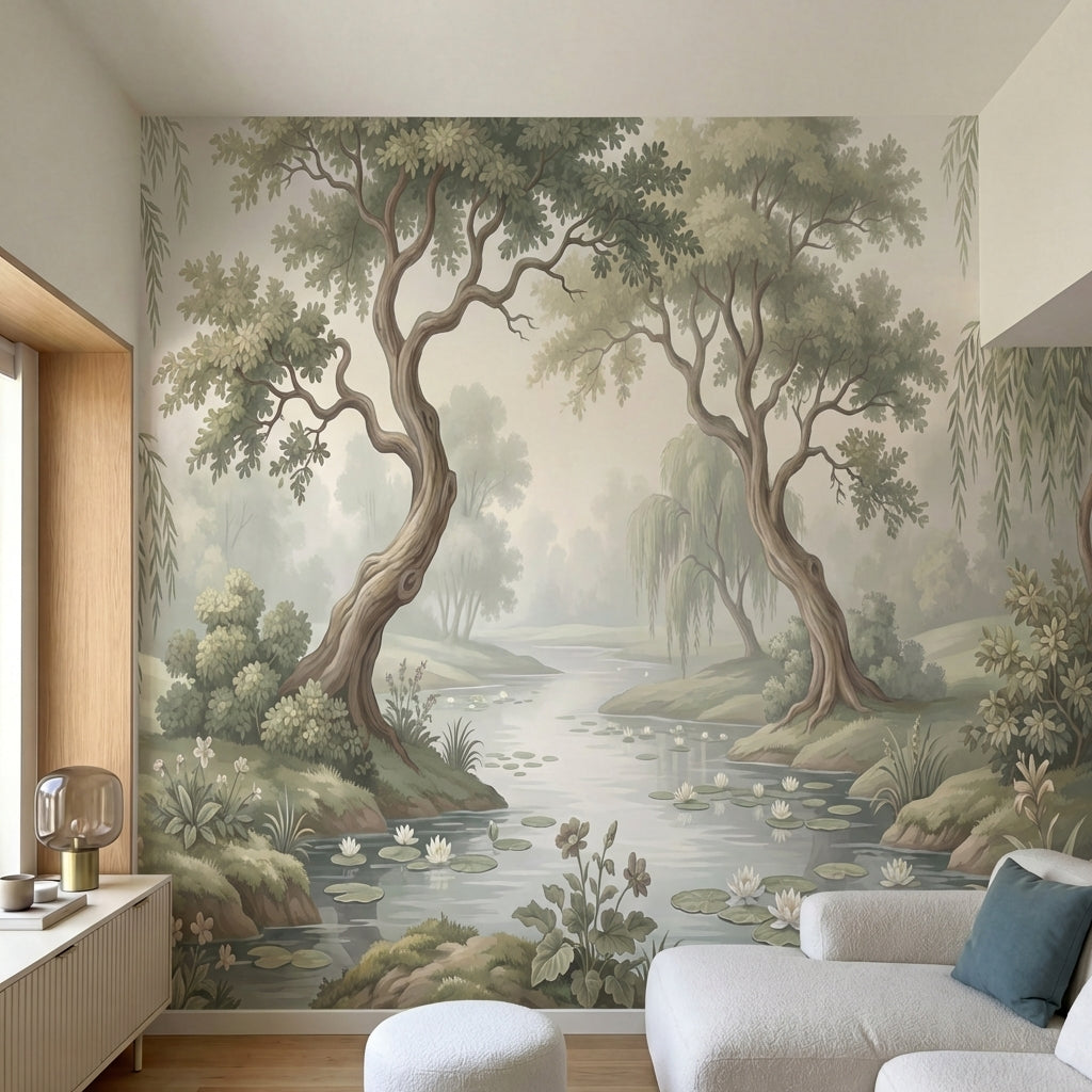 papier peint panoramique floral paysage romantique riviere saules pleureurs vert-HERO-15