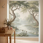 papier peint panoramique floral paysage romantique riviere saules pleureurs vert-VARIANTE-15