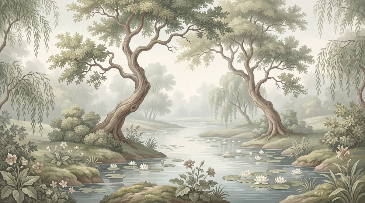 Papier peint panoramique floral - Paysage romantique rivière saules pleureurs vert tendre et crème sur mesure - Design