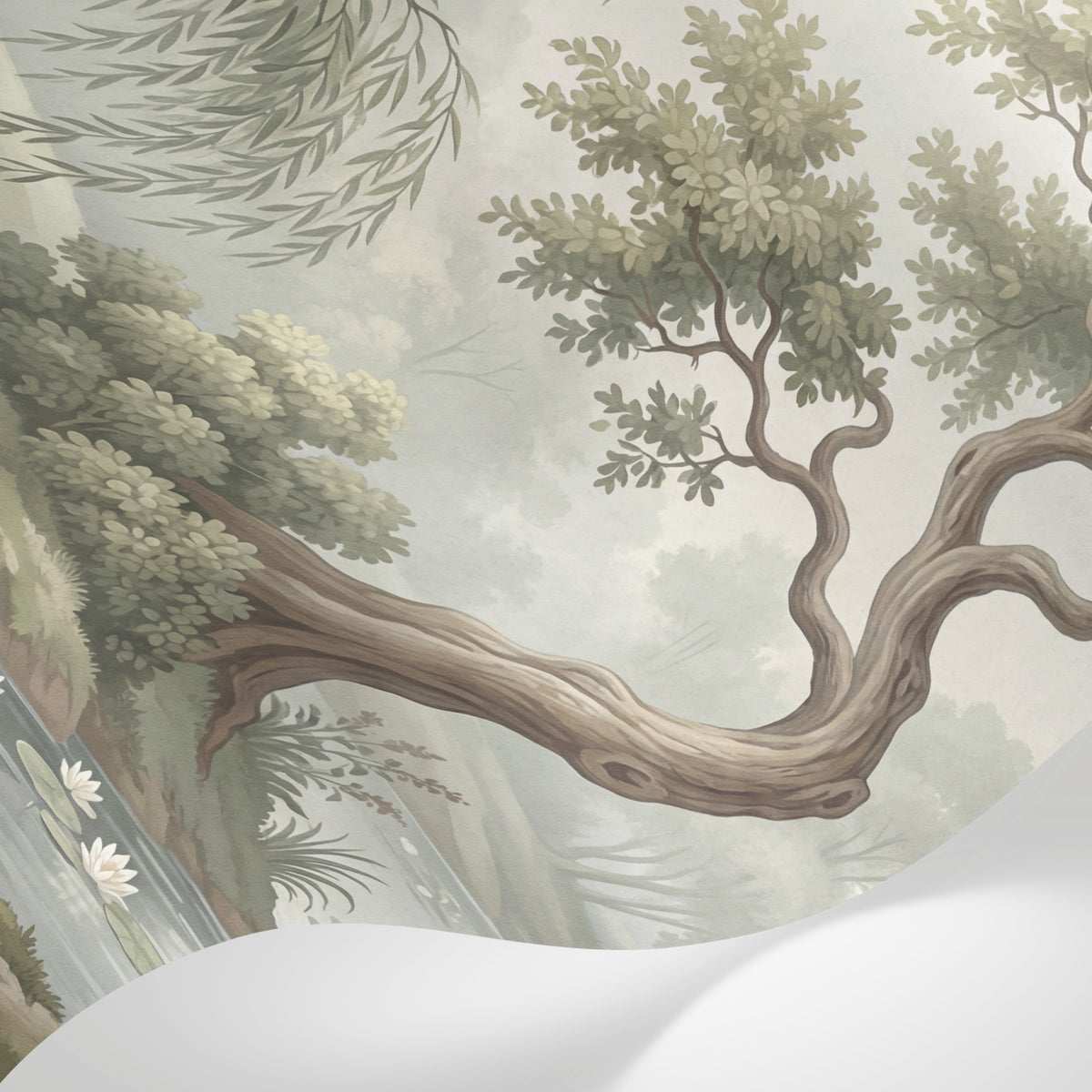 Papier peint panoramique floral - Paysage romantique rivière saules pleureurs vert tendre et crème sur mesure - Matière