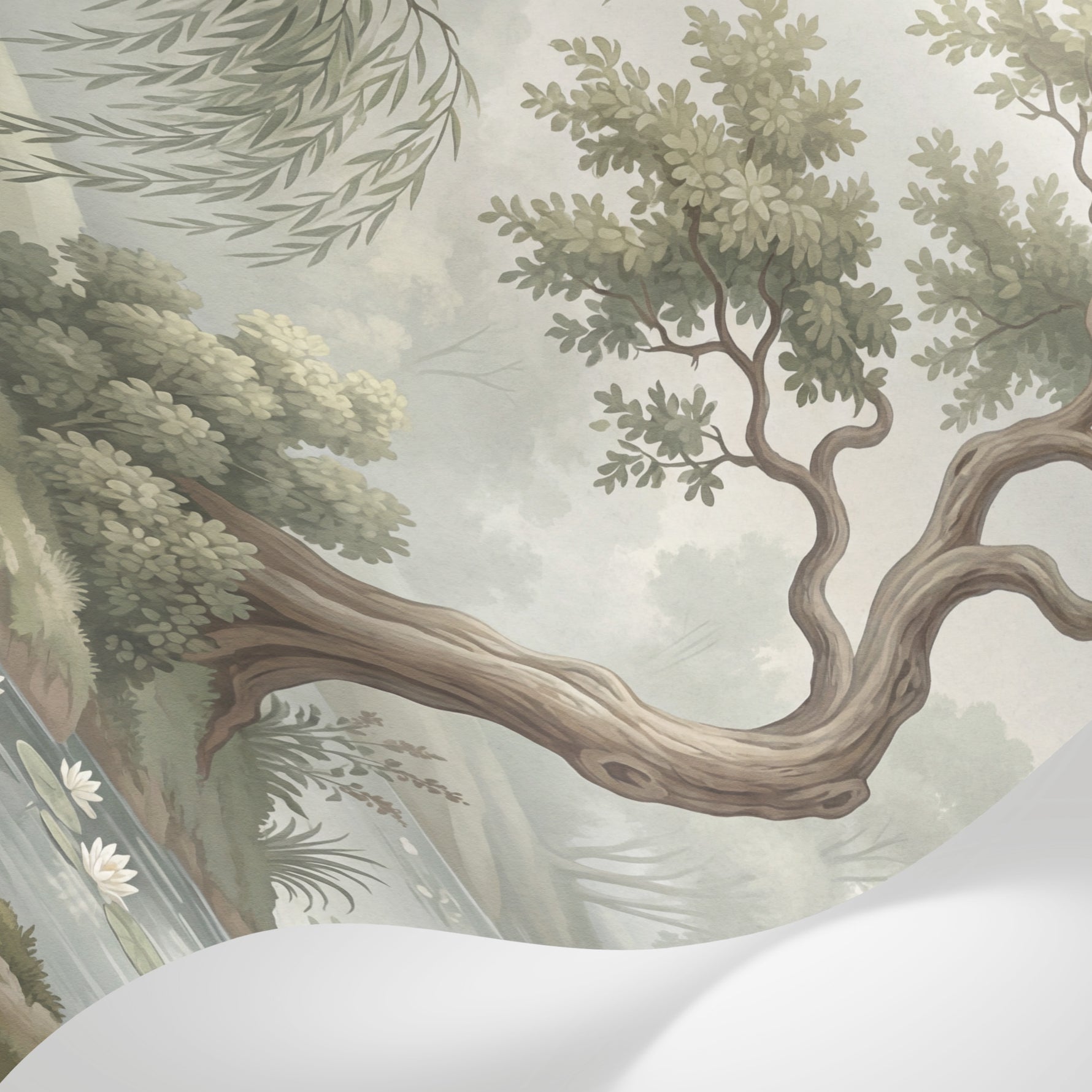 Papier peint panoramique floral - Paysage romantique rivière saules pleureurs vert tendre et crème sur mesure - Matière