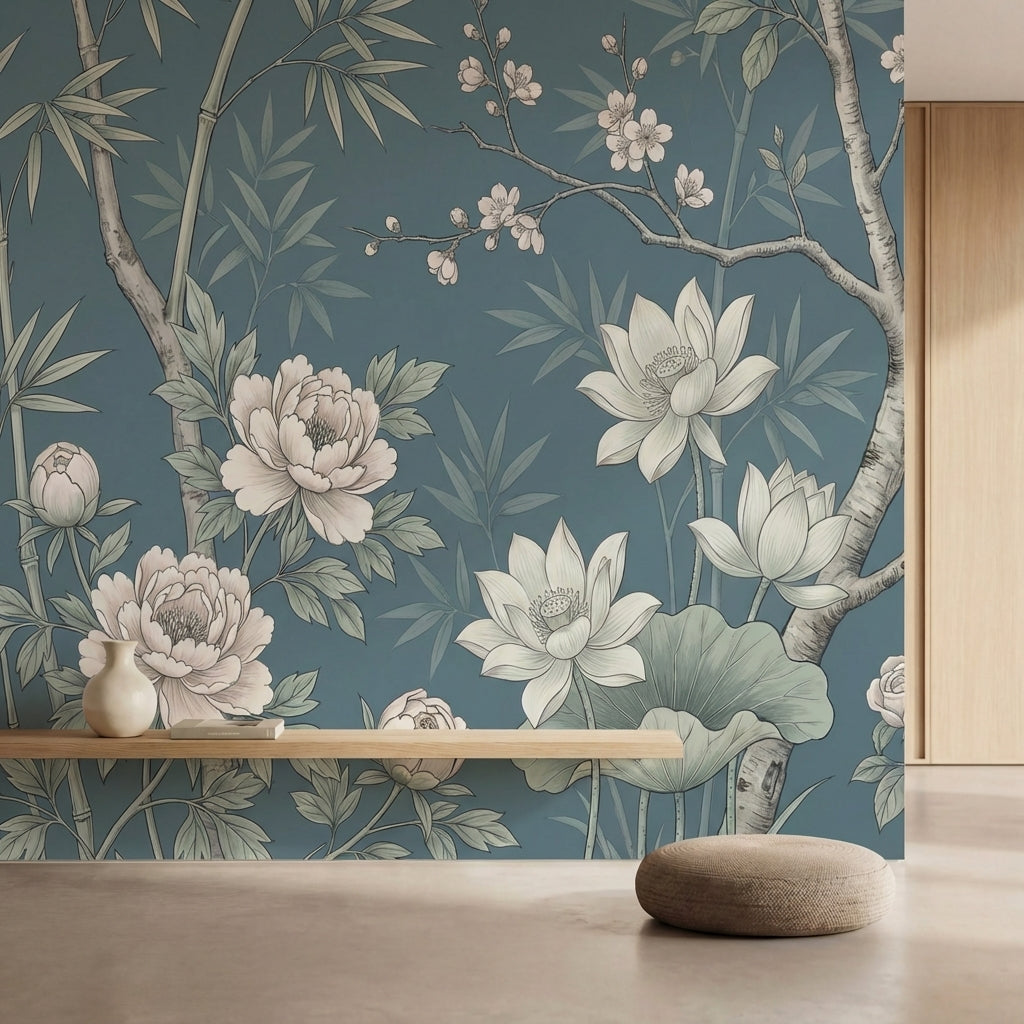 papier peint panoramique floral pivoines lotus bambou branches fleuries fond ble-1