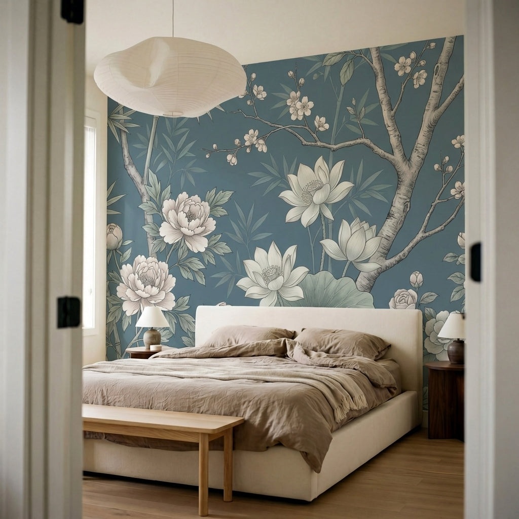 papier peint panoramique floral pivoines lotus bambou branches fleuries fond ble-8