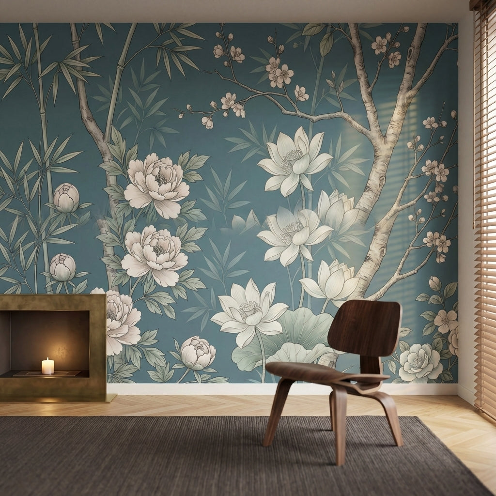 papier peint panoramique floral pivoines lotus bambou branches fleuries fond ble-HERO-15