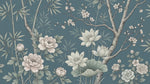 Papier peint panoramique floral - Pivoines lotus bambou branches fleuries fond bleu gris et blanc crème sur mesure - Design