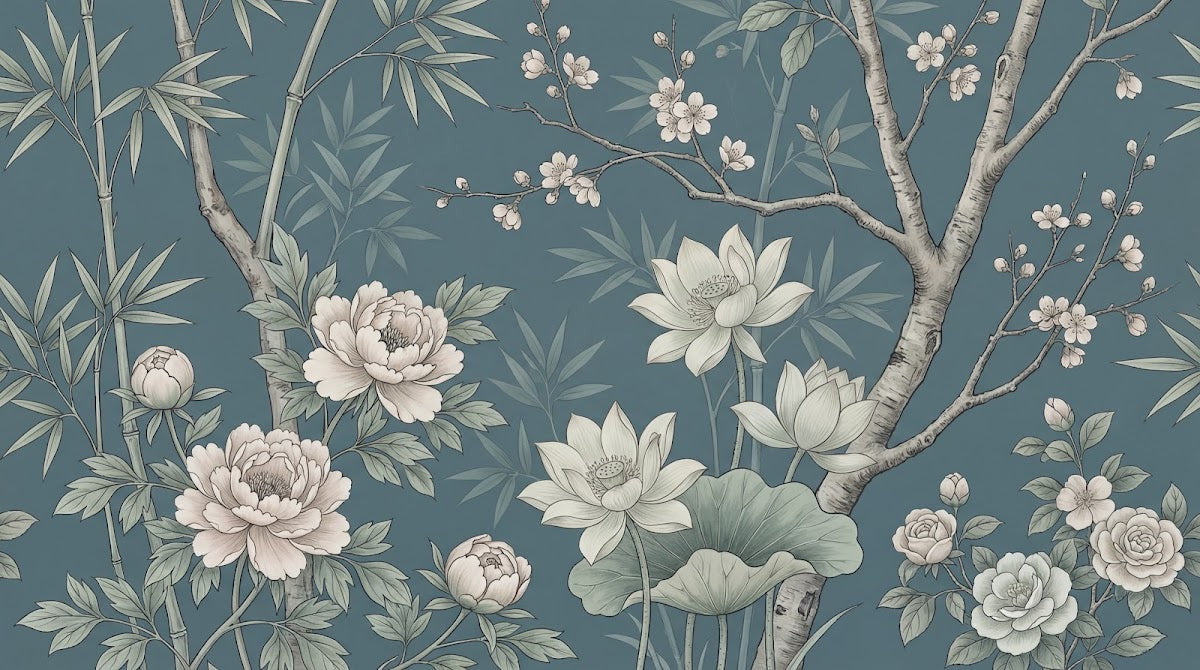 Papier peint panoramique floral - Pivoines lotus bambou branches fleuries fond bleu gris et blanc crème sur mesure - Design