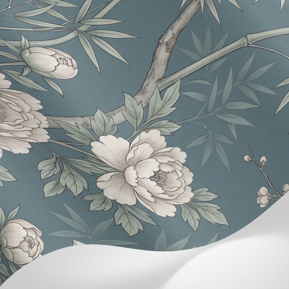 Papier peint panoramique floral - Pivoines lotus bambou branches fleuries fond bleu gris et blanc crème sur mesure - Matière