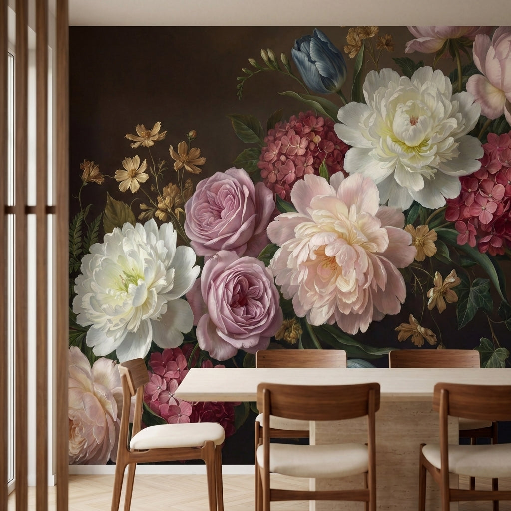 papier peint panoramique floral pivoines roses blanches hortensias tulipes bleue-2