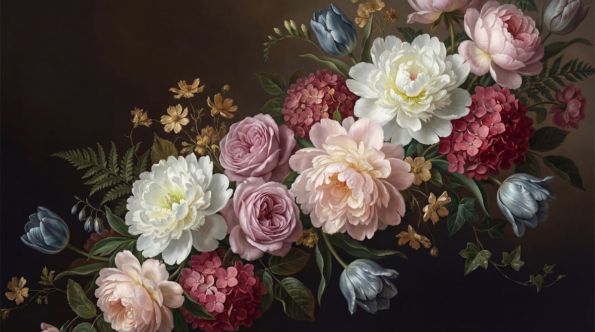 Papier peint panoramique floral - Pivoines roses blanches hortensias tulipes bleues fond noir vintage sur mesure - Design