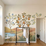 papier peint panoramique floral pommier poirier fruits dores fleurs bleues baies-1