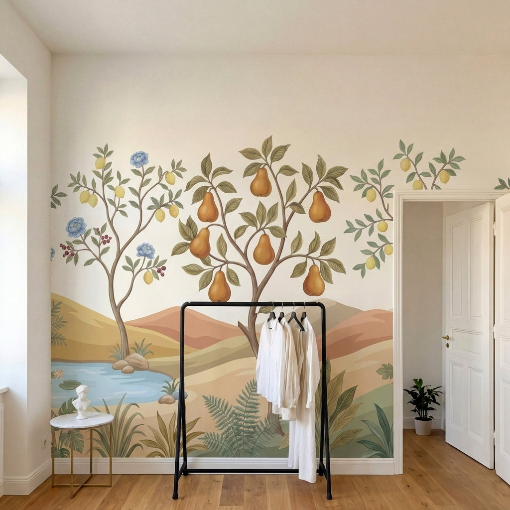papier peint panoramique floral pommier poirier fruits dores fleurs bleues baies-1