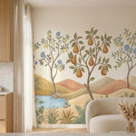 papier peint panoramique floral pommier poirier fruits dores fleurs bleues baies-4