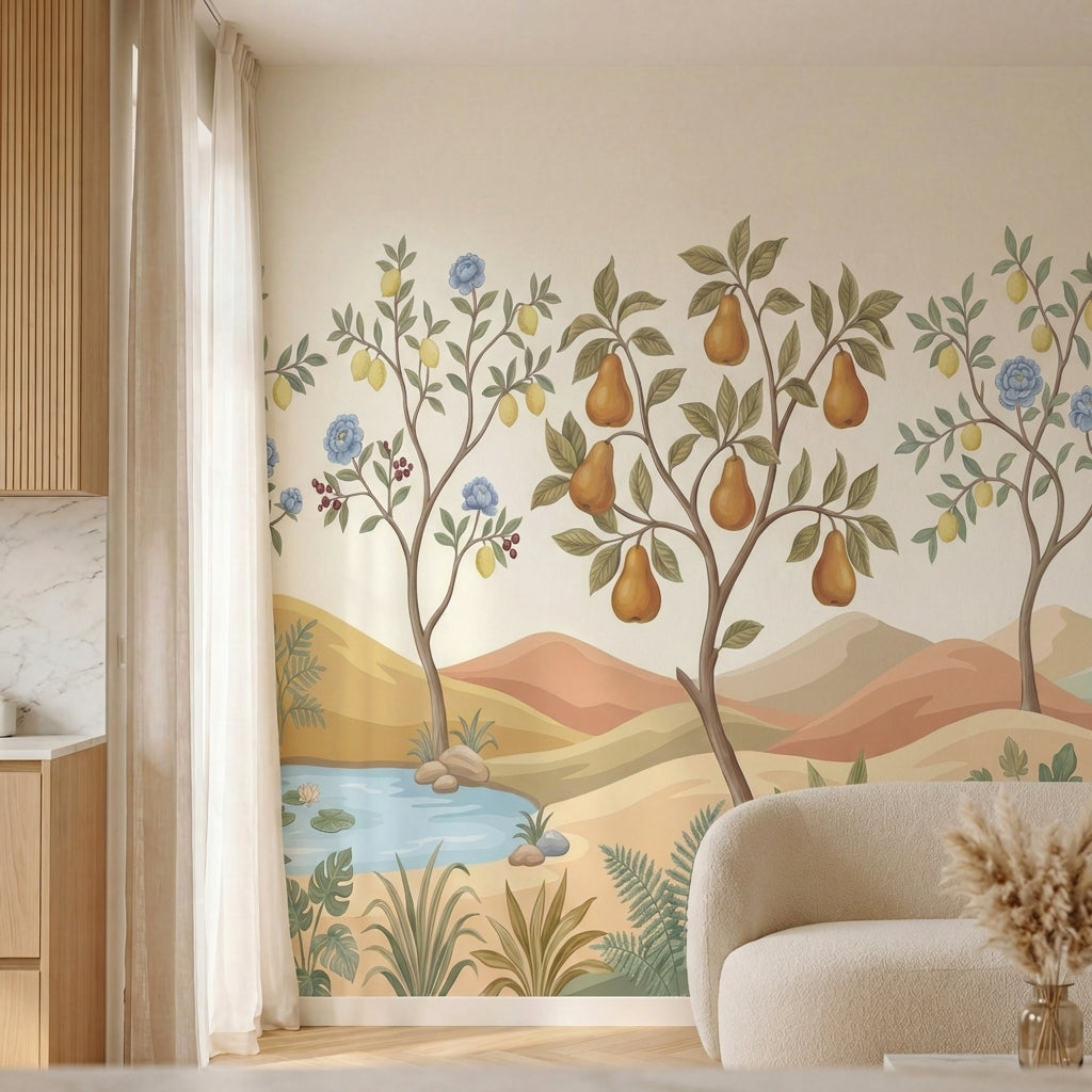 papier peint panoramique floral pommier poirier fruits dores fleurs bleues baies-4