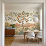 papier peint panoramique floral pommier poirier fruits dores fleurs bleues baies-6