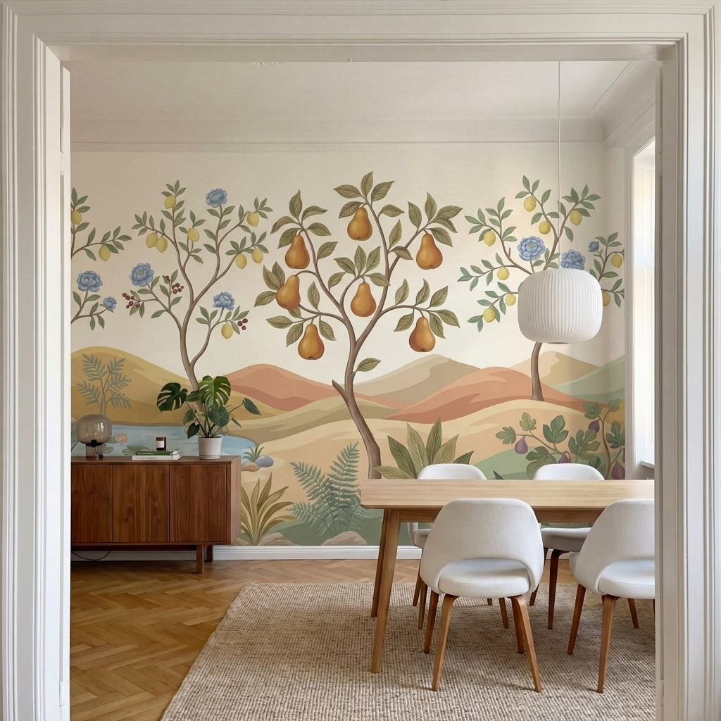 papier peint panoramique floral pommier poirier fruits dores fleurs bleues baies-6