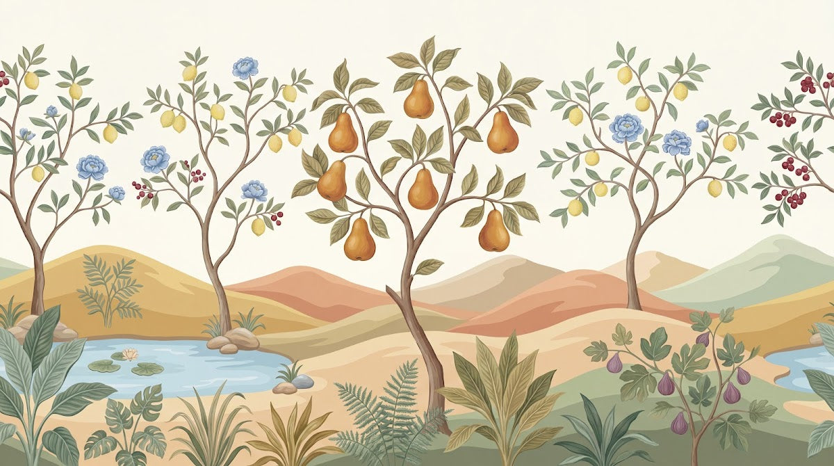 Papier peint panoramique floral - Pommier poirier fruits dorés fleurs bleues baies fond beige crème sur mesure - Design