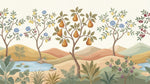 Papier peint panoramique floral - Pommier poirier fruits dorés fleurs bleues baies fond beige crème sur mesure - Design